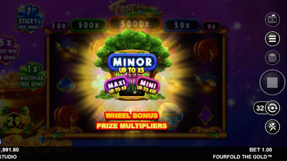 Tampilan visual slot Fourfold the Gold dengan tema luar angkasa dan leprechaun